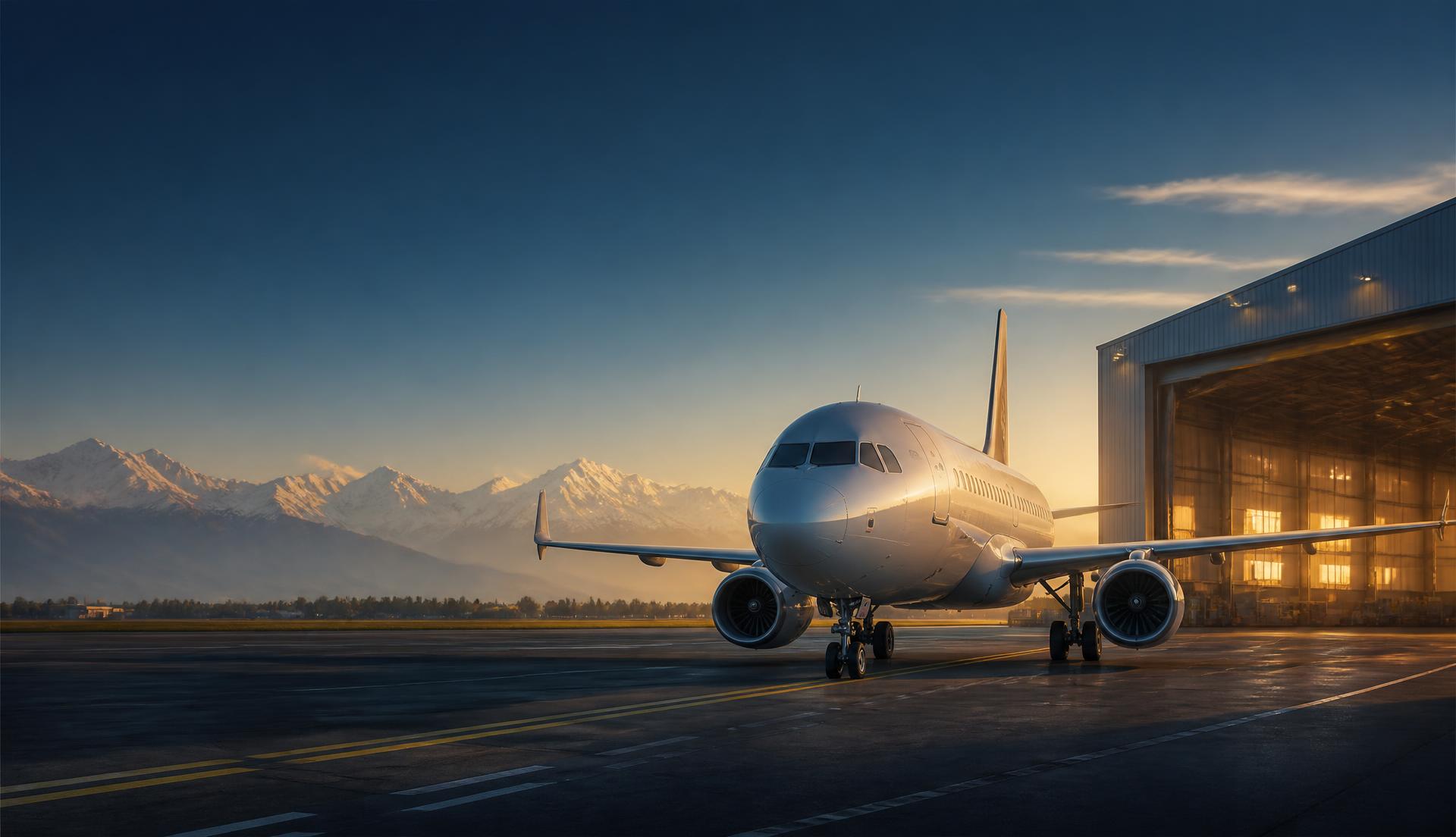 Commercial aircraft on a runway beside a hangar at golden hour